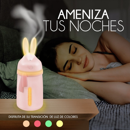 Humidificador Difusor De Aromas Diseño De Conejo Con Bufanda Con Luz Led Slim Company Para Aromaterapia, Sesiones De Relajación, Purificación Del Aire Color Rosa