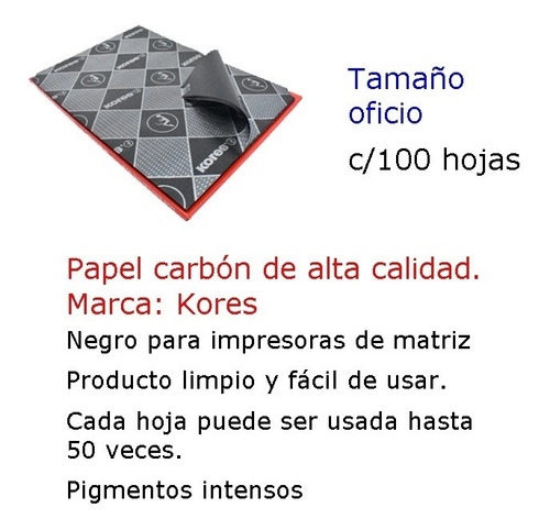 Papel Carbon Kores Negro Tamaño Oficio Lote 5 Paq 100 Hjs Cu