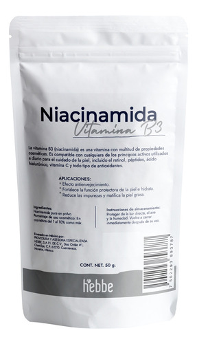 Niacinamida (uso Cosmético) Pura. 50g Tipo de piel Grasa