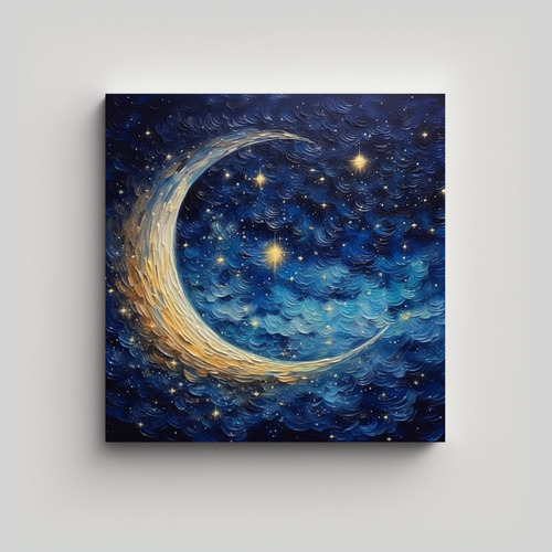 30x30cm Cuadro Original Luna, Estrellas Y Galaxias Flores