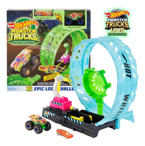 Pista De Carro/hot Wheels Monster Trucks Glow Reto Giro 360°