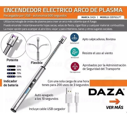 Encendedor Electrico Chispero Arco Plasma Usb Recargable 876