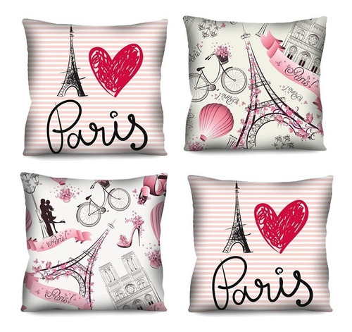 Kit Com 4 Capas De Almofada Decorativa Paris Vintage 50x50 