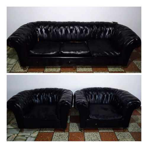 Juego Living Sillones Chesterfield Cuero 3 Cuerpos + 2 Indiv