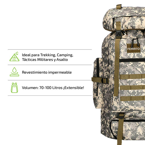 Imagen 2 de 8 de Mochila Tactica Camping 70-100 Lts Mochilero Ampliable Color Camuflado