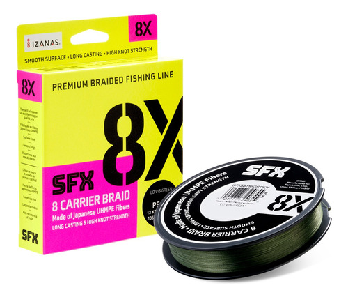 Línea multifilamento Sfx, 8 x 270 m, 0.205 mm, 36.3 libras, sufijo verde