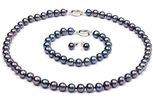 Conjunto Collar Y Pulsera Perlas Negras 8-9mm