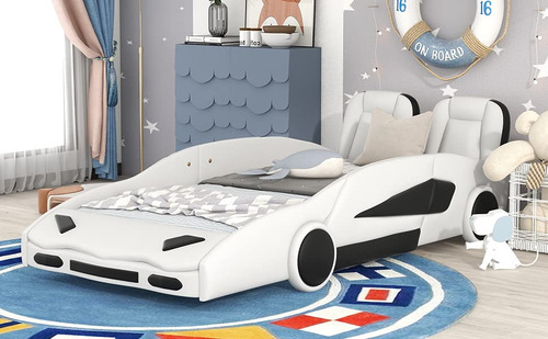 Cama Plataforma Auto Carreras Individual Color Blanco Blanco Nombre Del Diseño
