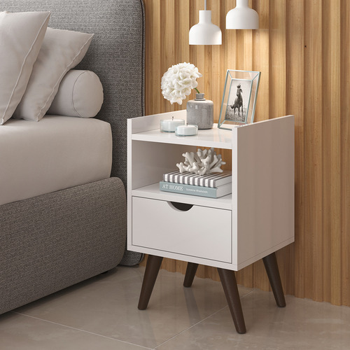 Mesa De Cabeceira 1 Gaveta Nicho Pés Retrô Alice Cor Branco