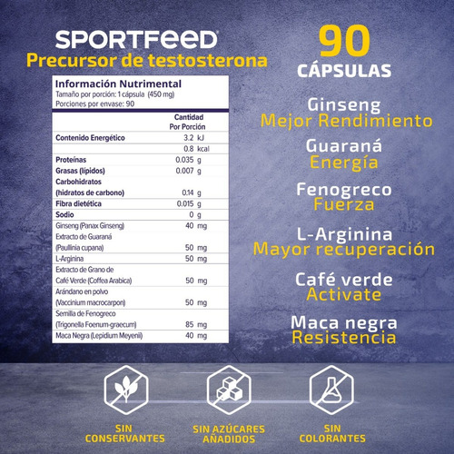 Imagen 6 de 7 de Sportfeed 90 Cápsulas Testosterona Fenogreco Maca L Arginina