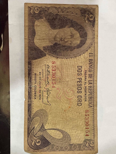 Billete De 2 Pesos Colombianos Año 1972