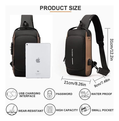 Multifuncional Combinación Cerradura Pecho Bolsa Impermeable Antirrobo Usb De Carga