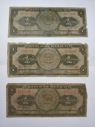 Billetes Antiguos De 1 Peso Del Año 1957, 1967 Y 1970