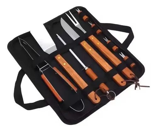 Kit Churrasco Premium 10 Peças Aço Inox Cabo Madeira
