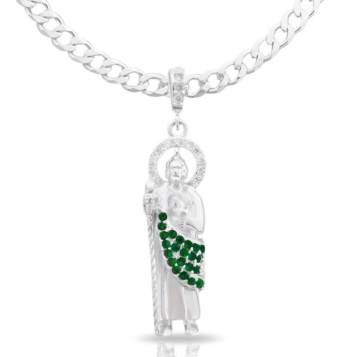 San Judas Manto Verde Y Cadena Cubana De Plata De 925 55cm