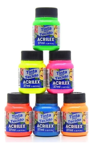 Kit 6 Tintas Para Tecido Acrilex 37ml - Neon Cor Sortidas