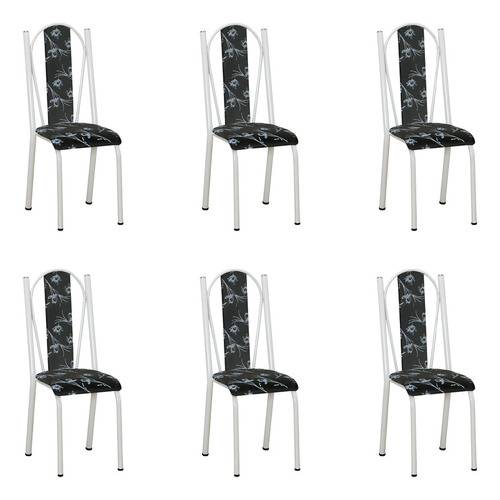 Kit 6 Cadeiras Cozinha Geórgia Preto Florido Ferro Branco
