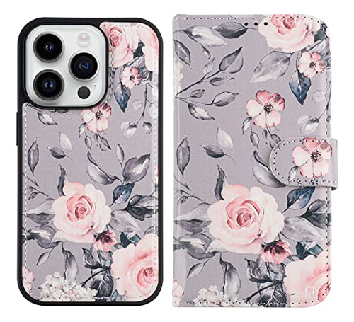 Funda Para iPhone 15 Pro Max Cartera Desmontable Gris Floral