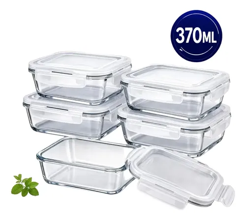 Kit 5 Potes Vidro Hermético 370ml Retangular Marmita Transparente
