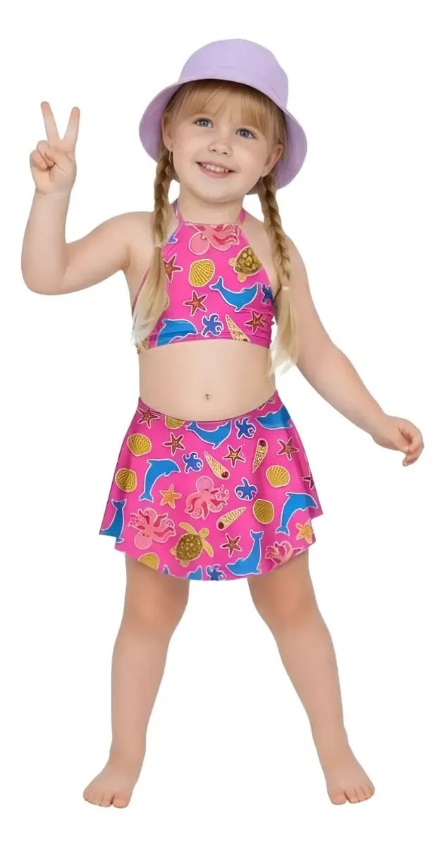 Conjunto Infantil Criança Menina Moda Praia Biquíni Babado Cor Rosa Tamanho G