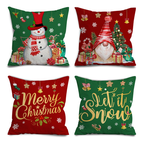 Juego De 4 Fundas De Almohada De Navidad, Color Rojo Y Verde