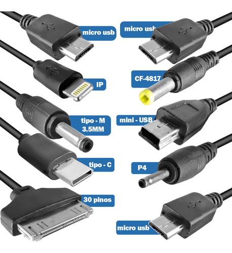 Kit Cabo De Carregamento 10 Em 1 Com Fonte Usb Turbo 3.0