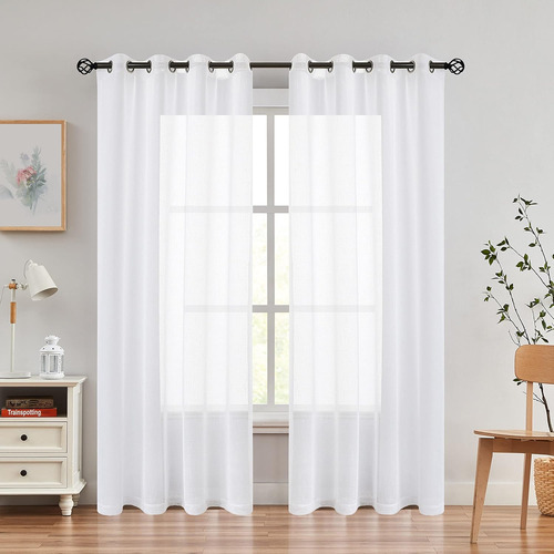 Conjunto De 2 Paneles De Cortina De Lino Blanco Transparente