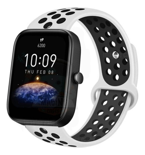 Pulseira Silicone Esportiva Com Furos Para Amazfit Bip 3 Pro Cor Branco Com Preto