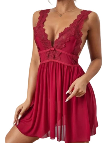 Baby Doll Para Mujer Con Detalles En Encaje Rojo Y Blanco 