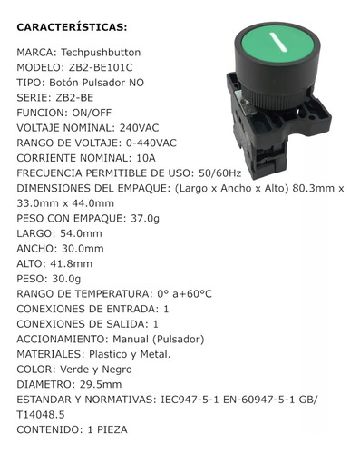 Botón Pulsador Push Button Zb2-be101c No 240v 10a 22mm Verde