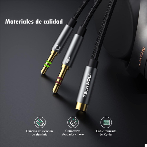 Cable Divisor Audio Para Auriculares 3.5mm En Y, Adaptador De Audio 2 Machos (audio + Micrófono) A 3.5mm Hembra Techwolf Cable Auxiliar De 3,5 Mm Para Pc Y Laptop 30cm De Longitud Color Gris