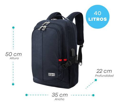Mochila T-go Ab339 Portanotebook Capacidad Grande 40 Litros Color Azul Diseño de la tela Lisa
