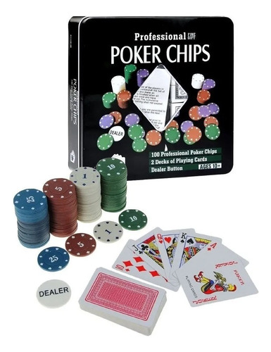 Juego De Poker Professional 100 Fichas Cartas Estuche Lata