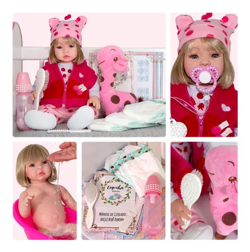 Boneca Reborn Baby Kiss Loira Bebê Corpo Inteiro de Silicone