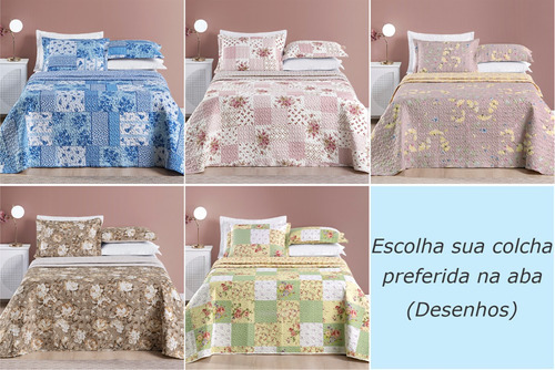 Cobre Leito Queen Estampada Boutis 3pcs Dupla Face Patchwork Cor Floral Azul