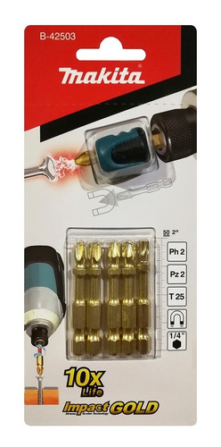 Imagen 3 de 6 de 5 Puntas Atornilladoras X 50 Mm Makita Ph2 Pz2 T25 + Magnet