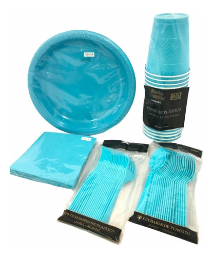 Kit Premium P 20 Desechables Azul Caribe Plato Vaso Cubierto