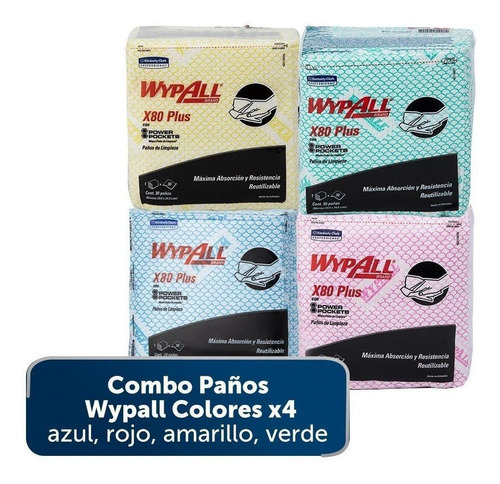 Combo Paños Wypall Colores X4: Azul, Rojo, Amarillo Y Verde Color Verde