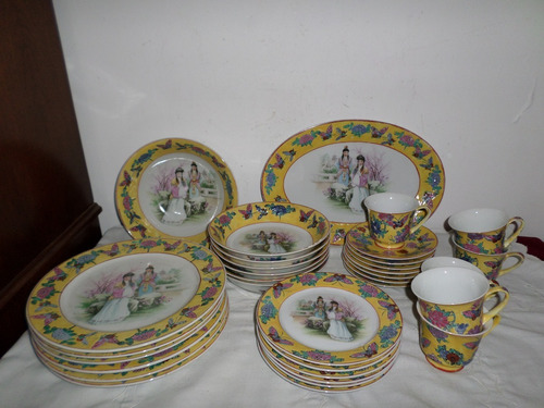 Antiguo Juego Porcelana Vajilla Geisha Platos Tazas Fuente