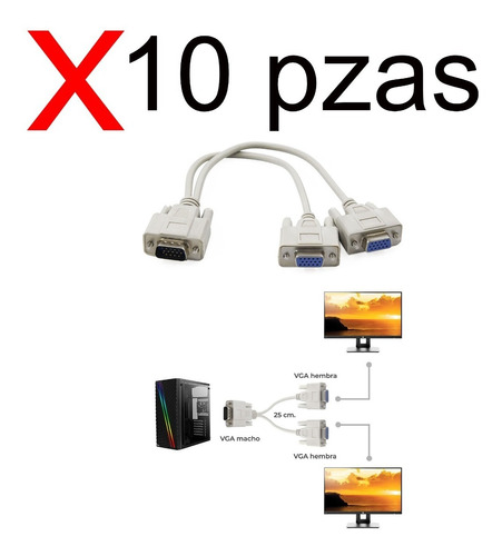 Cable Divisor De Vga Video Splitter 2 Monitores  Kit 10pz