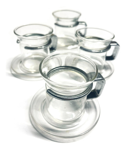 Juego Vintage 4 Tazas Café Y Platos (tipo Bodum) Plateadas (Usado)