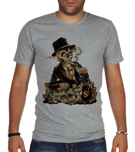 Remera De Hombre Calavera Prendiendo Cigarrillo Con Billet