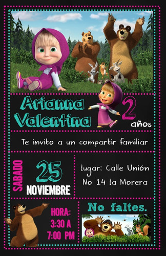 Invitación Masha Y El Oso Tipo Pizarra Para Whatsapp