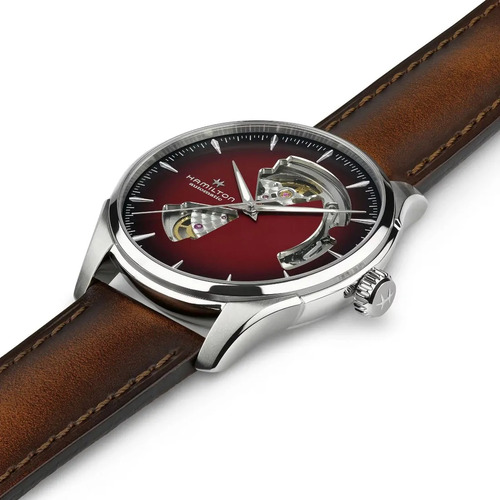 Reloj Hamilton Jazzmaster Open Heart H32675570 Correa Marrón Bisel Plateado Fondo Borgoña