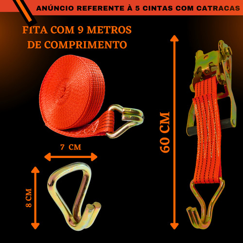 Kit 5 X Cinta Catraca 3 Toneladas Cinta Para Amarração Gancho Tipo J 9 Metros Suporta Até 3000 Kg Atmas