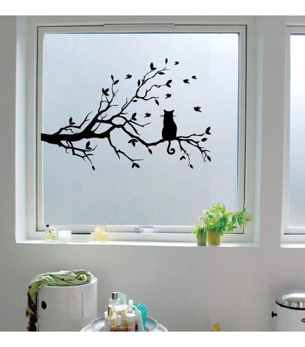 Vinil Decorativo Árbol Rama Gato Sticker De Pared Floral