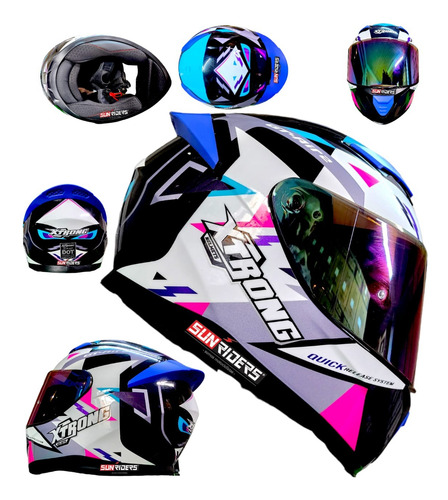 Casco Moto Xtrong Deportivo Dot Mica Tornasol Rosa Azul Mora