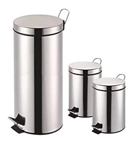 Set De 3 Papelera Basurero  Acero Inoxidable 30 Lts Y 5 Lts 