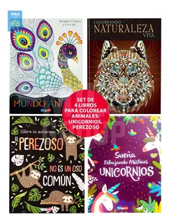 Set De 4 Libros Para Colorear Animales: Unicornios, Perezoso