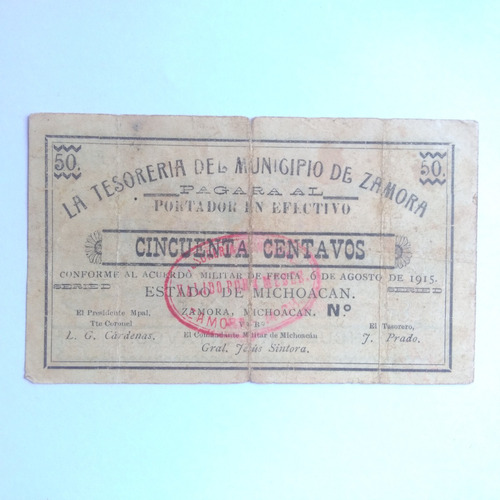 Billete 50 Ctvs La Tesorería Mpio De Zamora Mich 6/ago/1915